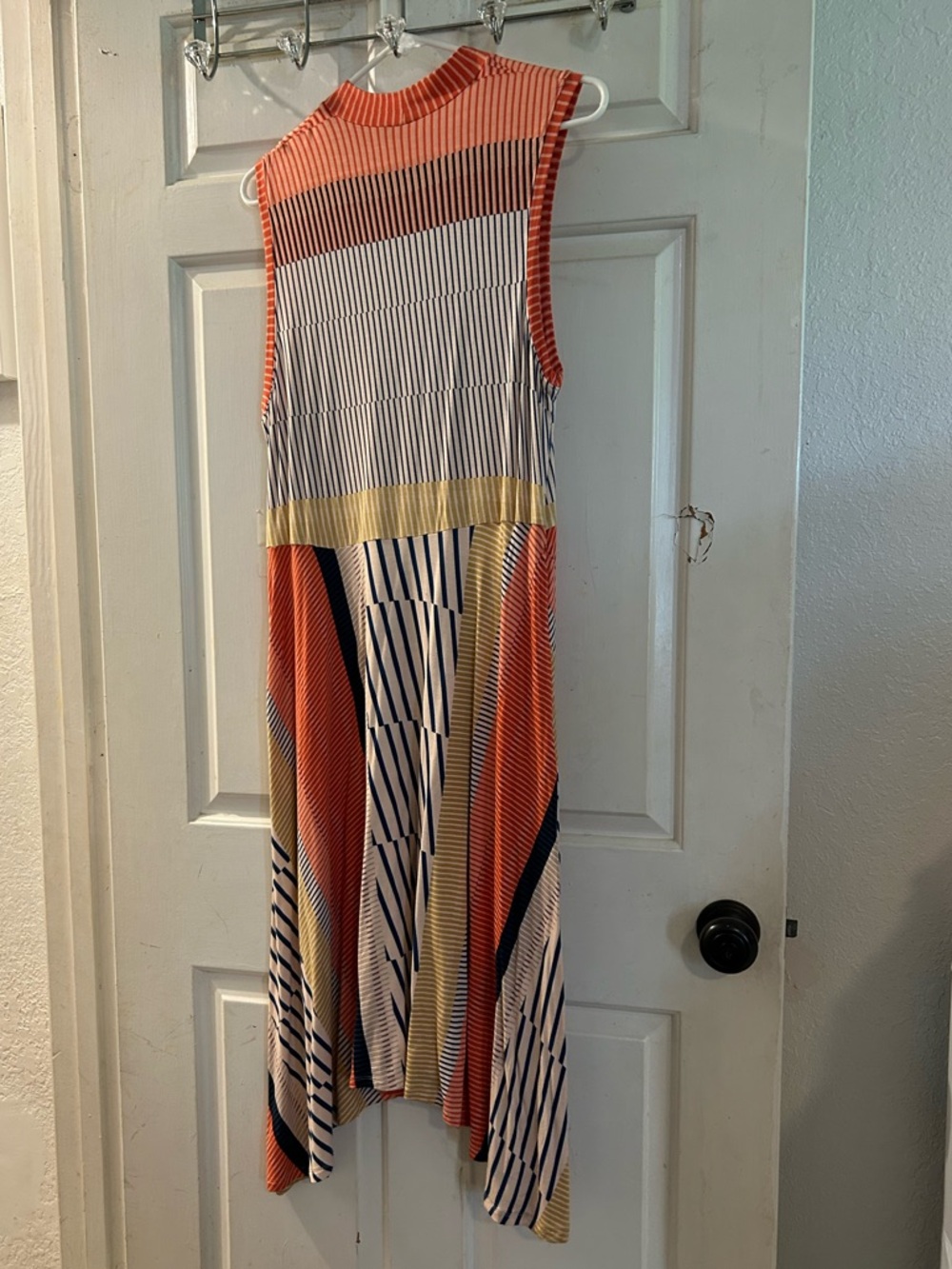 Anthropologie Coral, Navy, Cream & Yellow Striped Asymmetrical Sleeveless Dress - Picture 2 of 2
